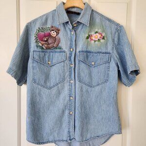 Vintage Denim Shirt Teddy Bear Floral Short Sleeve Spring Summer Cute Teddy Core